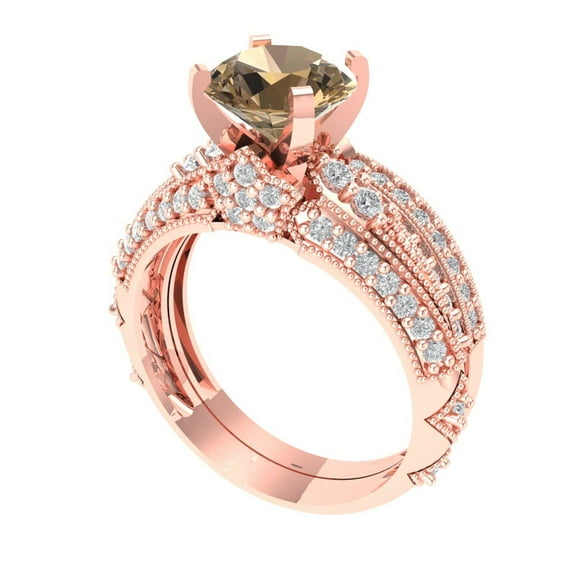 1.99 ct Brilliant Round Cut Champagne 18K Rose Gold Solitaire with Accents Engagement Bridal Wedding Ring Band Set size 10