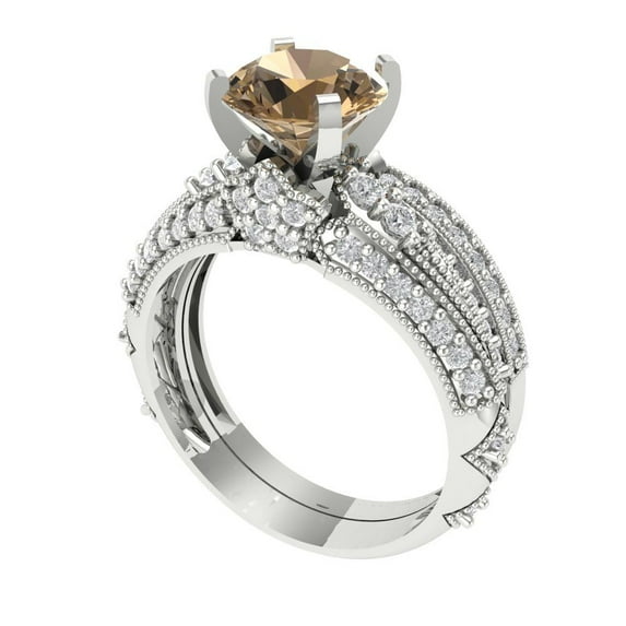 1.99 ct Brilliant Round Cut Champagne 18K White Gold Solitaire with Accents Engagement Bridal Wedding Ring Band Set size 8