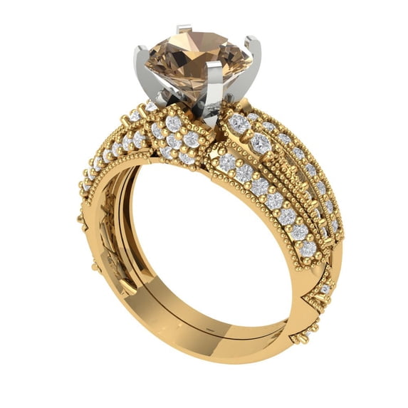 1.99 ct Brilliant Round Cut Champagne 18K Yellow/White Gold Solitaire with Accents Engagement Bridal Wedding Ring Band Set size 6.75