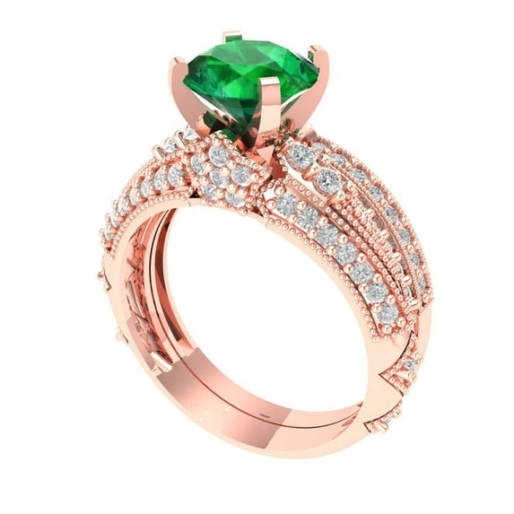 1.99 ct Brilliant Round Cut Emerald 14k Rose Gold Solitaire with Accents Engagement Bridal Wedding Ring Band Set size 5.75