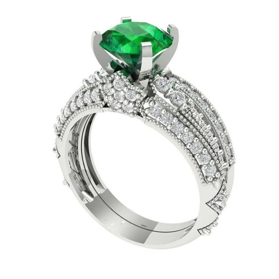 1.99 ct Brilliant Round Cut Emerald 18K White Gold Solitaire with Accents Engagement Bridal Wedding Ring Band Set size 5.25