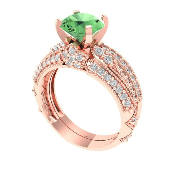 1.99 ct Brilliant Round Cut Green Zircon 14k Rose Gold Solitaire with Accents Engagement Bridal Wedding Ring Band Set size 8