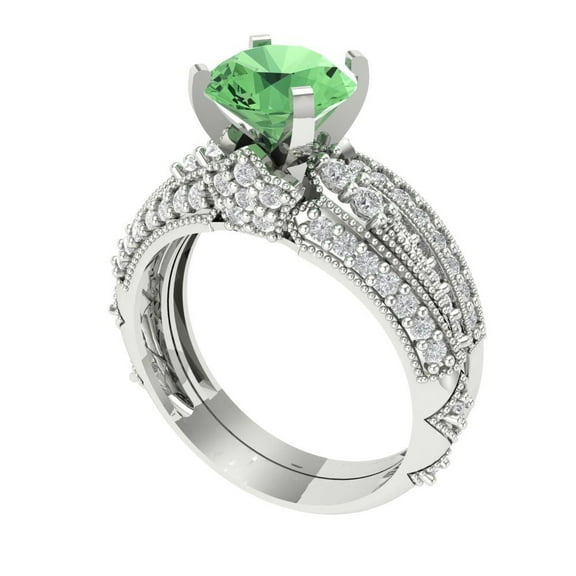 1.99 ct Brilliant Round Cut Green Zircon 14k White Gold Solitaire with Accents Engagement Bridal Wedding Ring Band Set size 10.5