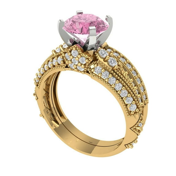 1.99 ct Brilliant Round Cut Pink Zircon 14k Yellow/White Gold Solitaire with Accents Engagement Bridal Wedding Ring Band Set size 3.5