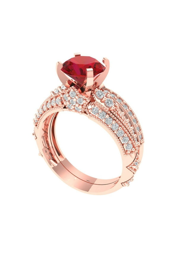 1.99 ct Brilliant Round Cut Pink Tourmaline 14k Rose Gold Solitaire with Accents Engagement Bridal Wedding Ring Band Set size 4