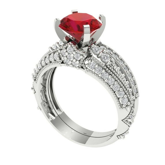 1.99 ct Brilliant Round Cut Ruby 14k White Gold Solitaire with Accents Engagement Bridal Wedding Ring Band Set size 5