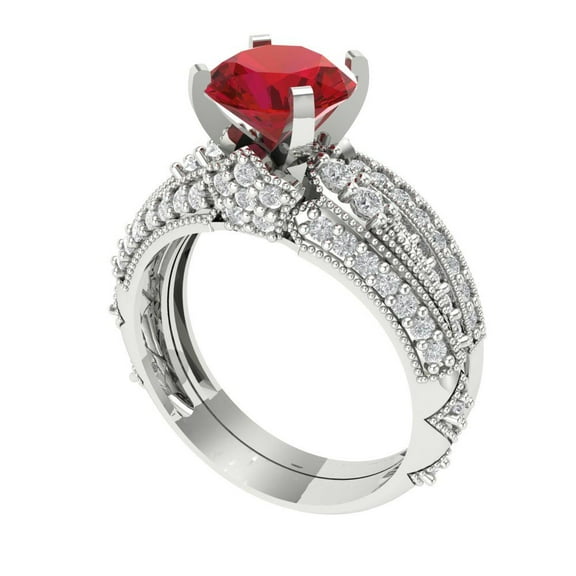 1.99 ct Brilliant Round Cut Ruby 14k White Gold Solitaire with Accents Engagement Bridal Wedding Ring Band Set size 6.75
