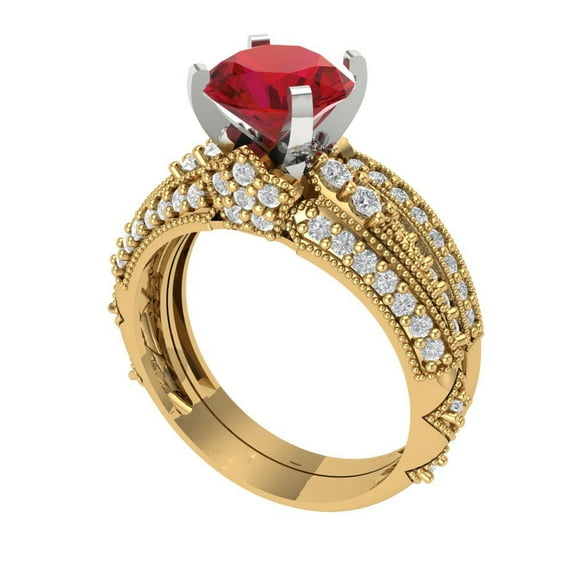 1.99 ct Brilliant Round Cut Ruby 18K Yellow/White Gold Solitaire with Accents Engagement Bridal Wedding Ring Band Set size 10.5