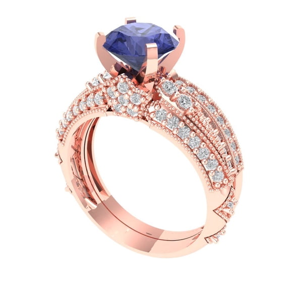 1.99 ct Brilliant Round Cut Tanzanite 14k Rose Gold Solitaire with Accents Engagement Bridal Wedding Ring Band Set size 6.25