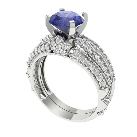 1.99 ct Brilliant Round Cut Tanzanite 14k White Gold Solitaire with Accents Engagement Bridal Wedding Ring Band Set size 7.5