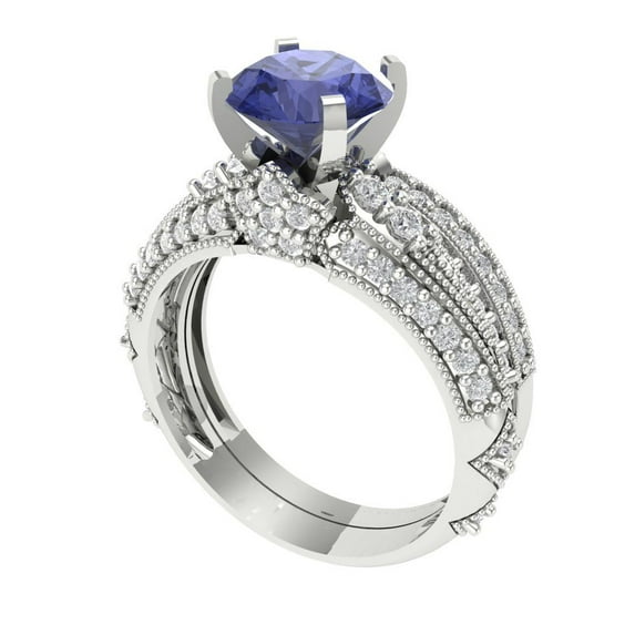 1.99 ct Brilliant Round Cut Tanzanite 14k White Gold Solitaire with Accents Engagement Bridal Wedding Ring Band Set size 7.75