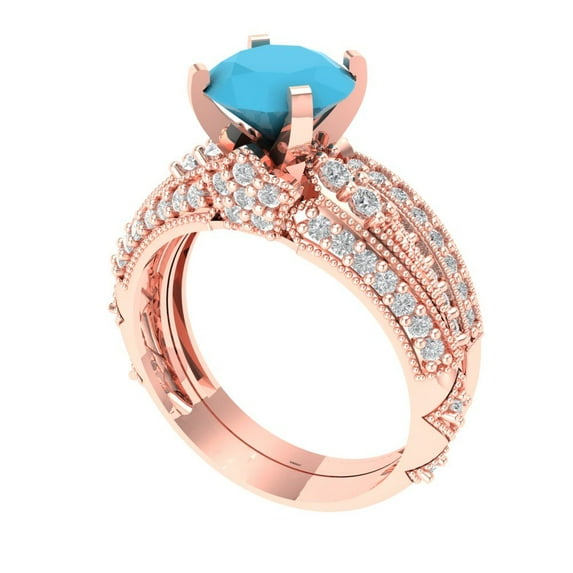 1.99 ct Brilliant Round Cut Turquoise 14k Rose Gold Solitaire with Accents Engagement Bridal Wedding Ring Band Set size 10