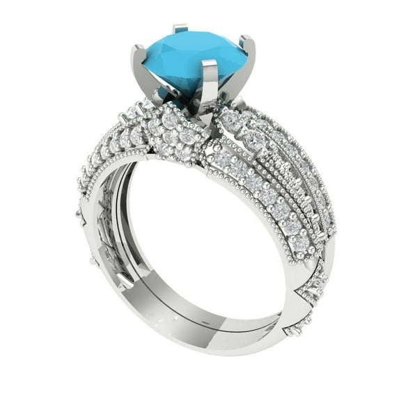 1.99 ct Brilliant Round Cut Turquoise 14k White Gold Solitaire with Accents Engagement Bridal Wedding Ring Band Set size 3.75