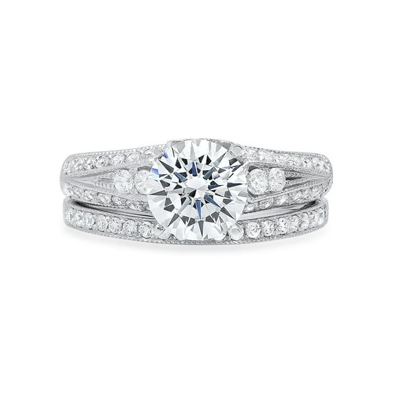 1.99 ct Brilliant Round Cut Synthetic White Sapphire 14k White Gold Solitaire with Accents Bridal Set SZ 11