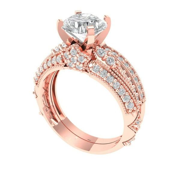 1.99 ct Brilliant Round Cut White Sapphire 18K Rose Gold Solitaire with Accents Engagement Bridal Wedding Ring Band Set size 7.75