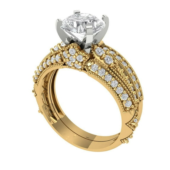 1.99 ct Brilliant Round Cut White Sapphire 18K Yellow/White Gold Solitaire with Accents Engagement Bridal Wedding Ring Band Set size 9.75