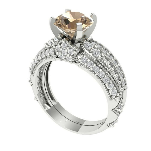 1.99 ct Brilliant Round Cut Yellow Moissanite 14k White Gold Solitaire with Accents Engagement Bridal Wedding Ring Band Set size 8.5