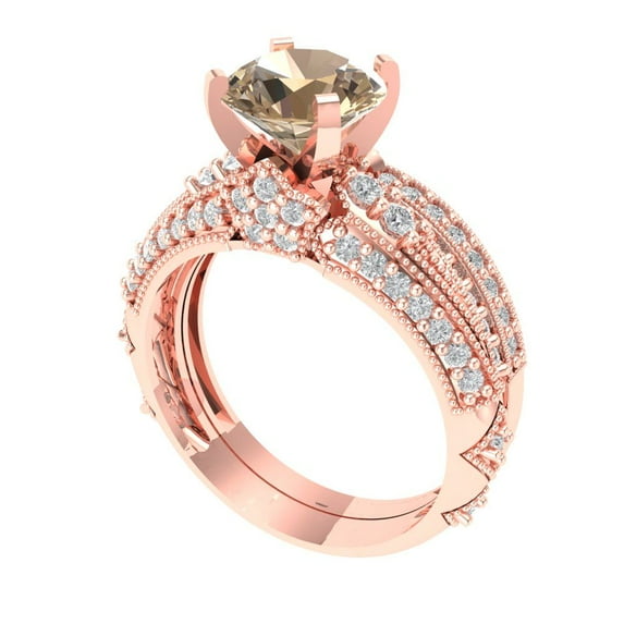 1.99 ct Brilliant Round Cut Yellow Moissanite 18K Rose Gold Solitaire with Accents Engagement Bridal Wedding Ring Band Set size 4.75