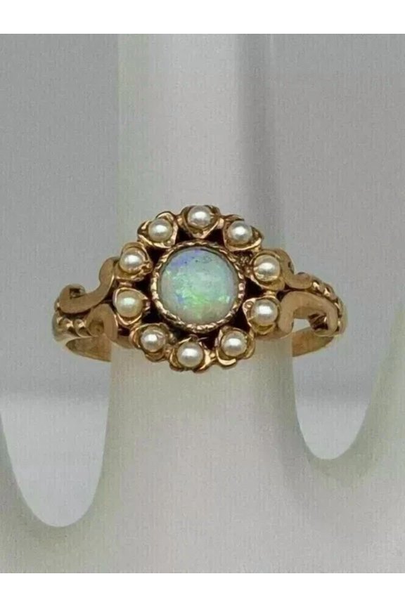1.9Ct Round Lab Created Fire Opal Antique Victorian Ring 14k Yellow Gold Plated