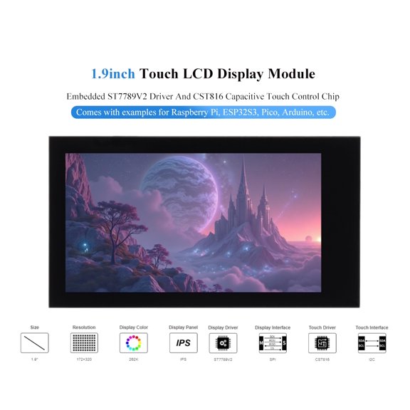 1.9inch Touch LCD Display Module 172x320 IPS 262K Colors SPI I2C Compatible with Raspberry Pi ESP32S3 Pico