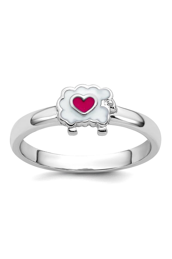 1.9mm 925 Sterling Silver Rhodium Plated Enamel Sheep With Love Heart Ring Size 4 Statement Ring