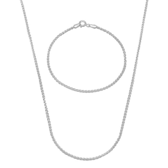 1.9mm Solid .925 Sterling Silver Braided Wheat Chain Necklace + Bracelet Set, 18" (Necklace) + 9" (Bracelet)