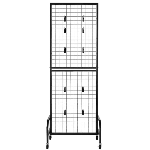 1.9x5.4 ft Black Carbon Steel Grid Wall Panel with Wheels - Portable Wire Display Rack with 10 Hooks for Craft Shows, Decoration, Storage, and Notice Board
