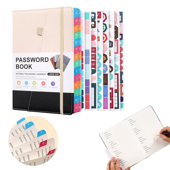 1 A5 Codebook Notebook with Alphabetical Labels and 8 Planning Stickers Password Book with Alphabetical Tabs for Seniors Notebook Internet Website Address Log in Detail