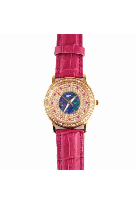 1 AMAZING ROSE 18KT ROSE GOLD PLATED AUSTRALIAN OPAL WATCH GENUINE LEATHER BAND (FRENCH PINK)