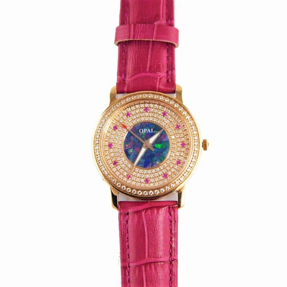 1 AMAZING ROSE 18KT ROSE GOLD PLATED AUSTRALIAN OPAL WATCH GENUINE LEATHER BAND (FRENCH PINK)