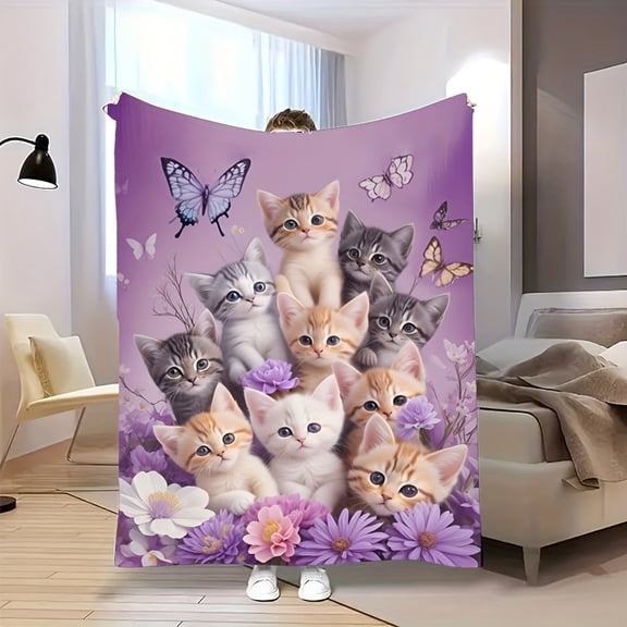 1 Adorable Kitten Themed Flannel Blanket Cozy All Season Bedding with Purple Floral & Butterfly Accents Ideal for Napping Camping Travel Perfect Gift for Cat Lovers Blanket for Bed