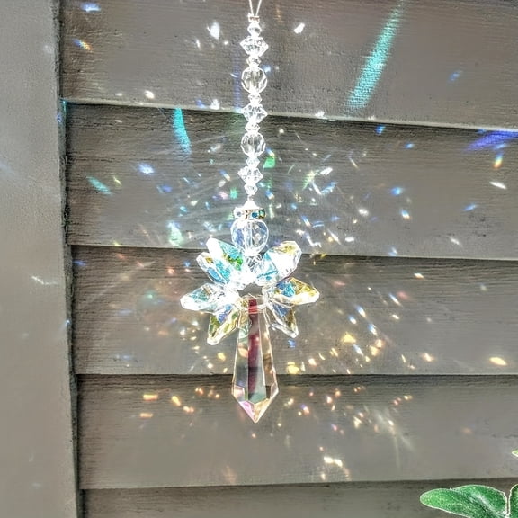 1 Angel Light Catcher - Elegant ornament with teardrop crystal pendant, perfect for home, car, weddings, birthdays, Christmas - Spiritual protection decoration in lake blue, white, purple, and green