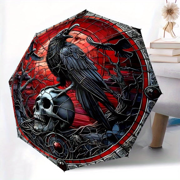 1 Automatic Folding Crow Skull Umbrella - Compact 8-Rib Design, Durable Plastic and Iron, Red and Black Gothic Style, Suitable for Outdoor Daily Use
