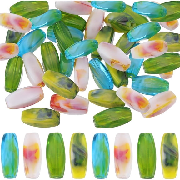 1 B0X 40Pcs Barrel Glass Beads Faceted Oval Lake Blue Rose Red Yellow Large Long Smooth Loose Spacer Beads for Necklace Keychain Sweater Chain Jewelry Making Supplies Beginners 1box
