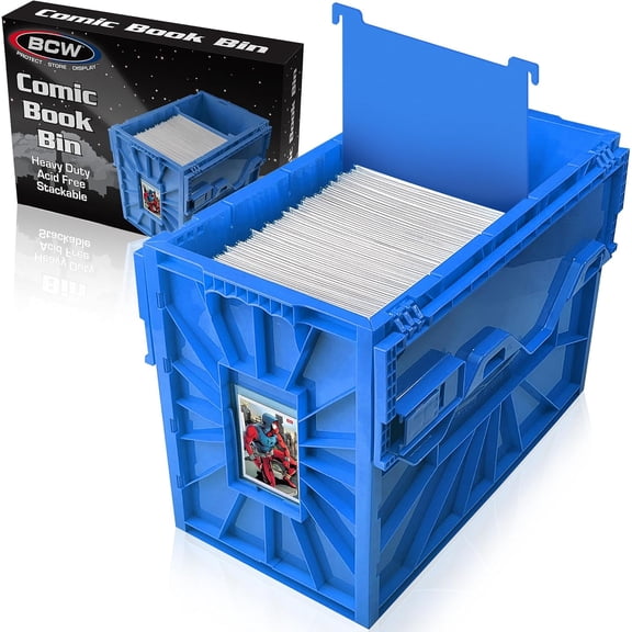 BCW Short Comic Book Bin Blue 1 Pack Holds 150 Comics Each Acid Free Heavy Duty Plastic Comic Book Storage Box with Partition