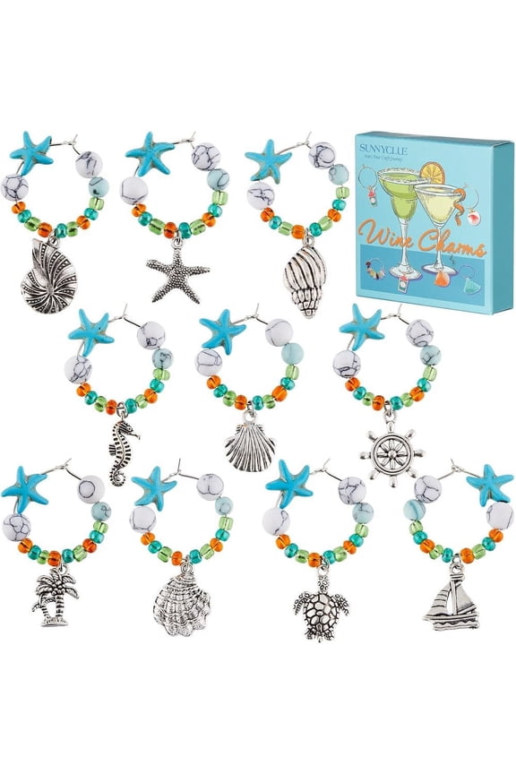 1 BOX 10PCS Alloy Beach Drink Charms Stone Wine Glass Charms Turquoise Energy Stone Beads Summer Turtle Hawaii Drinks Marker Identifiers Tags for Stem Glasses Wine Tasting Party Decor DIY