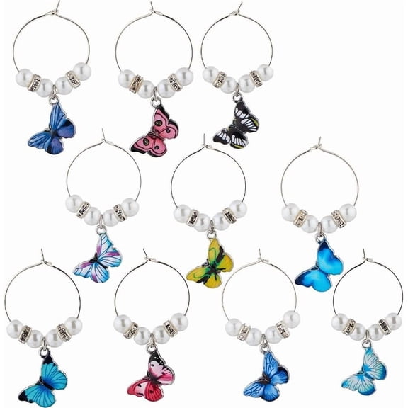 1 BOX 10PCS Enamel Butterfly Drink Markers Charms Wine Glass Identifier Charms Alloy Silver Colorful Butterflies Charm Identification Tags for Stem Glasses Wine Tasting Party Decor Supplies for DIY