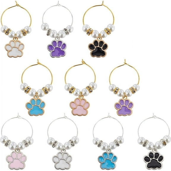 1 BOX 10PCS Enamel Dog Wine Glass Charms Cute Glass Charms Alloy Colorful Cat Paw Drinks Markers Wine Identifiers Tags