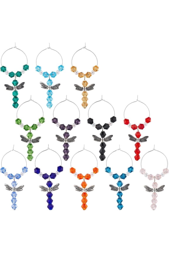 1 BOX 12PCS Dragonfly Beaded Wine Glass Charms Wine Identifiers Tags Metal Alloy Silver Wing Colorful Beads Drink Markers Glasses Identifier Tag for DIY Holiday Party Favor Decor Supplies