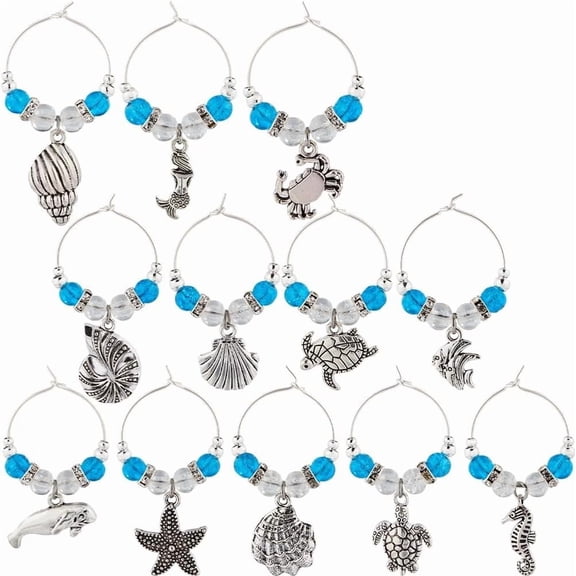 1 BOX 12PCS Silver Beach Wine Glass Charms Summer Drink Marker Charm Tags Alloy Ocean Hawaii Turtle Identifiers for Stem Glasses Wine Tasting Gathering Gift Party Decor Supplies colorful