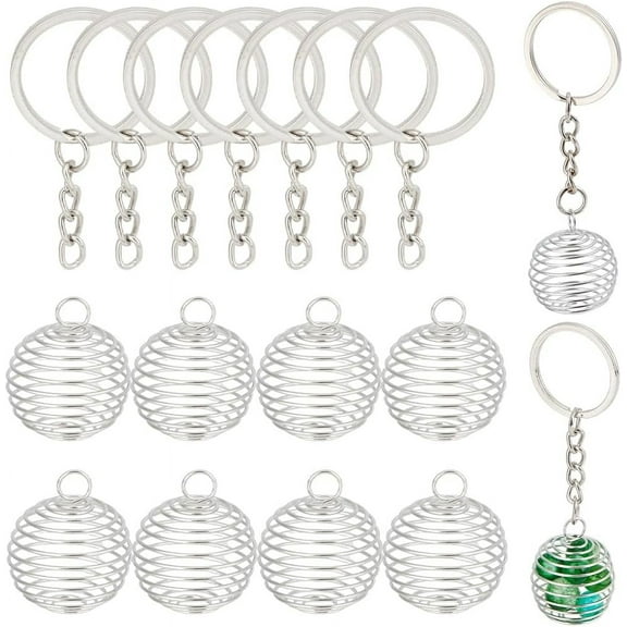 1 BOX 15 SETS Silver Stone Holder Pendants Cage Charms With Keychain Metal Locket Crystals Diffuser Hollow Chime Ball Spiral Locket Charms Bulk Mixed Color