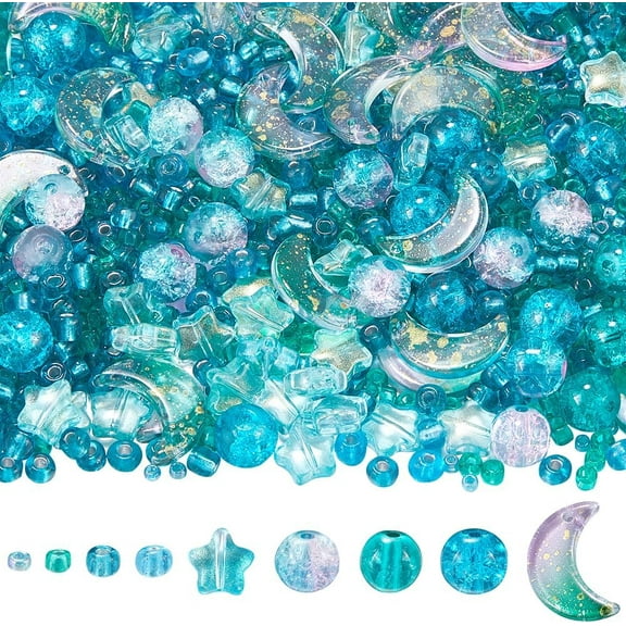 1 BOX about 1700+PCS Green Star and Moon Beads Bulk Transparent Glass Beads Cute Resin Round Seed Spacer Loose Bracelet Making Kits for Jewelry Making Bracelet Beading Kits DIY Xmas Crafts