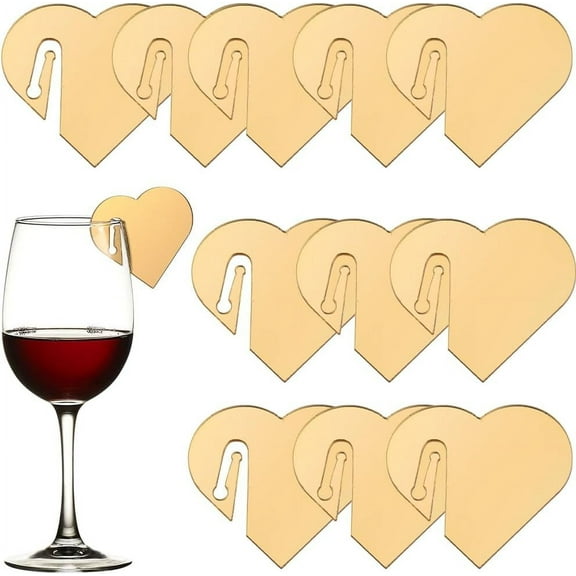 1 BOX 20PCS Acrylic Heart Party Drink Tags Wine Glass Tags Funny Gold Mirror Party Stemless Glasses Write on Name Tag Blanks Identifiers Markers for Wedding Birthday Christmas Family Party Gold