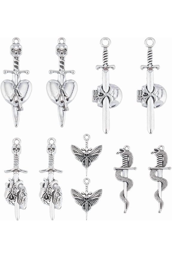 1 BOX 40PCS Silver Swords Charms Gothic Charms Tibetan Goth Head Weapon Fencing Moth Charm Bulk for Jewelry Making Charms Earrings Necklace Diy Crafts Antique Silver 1box