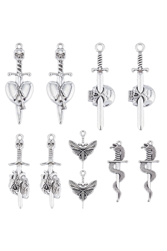 1 BOX 40PCS Silver Swords Charms Gothic Charms Tibetan Goth Head Weapon Fencing Moth Charm Bulk for Jewelry Making Charms Earrings