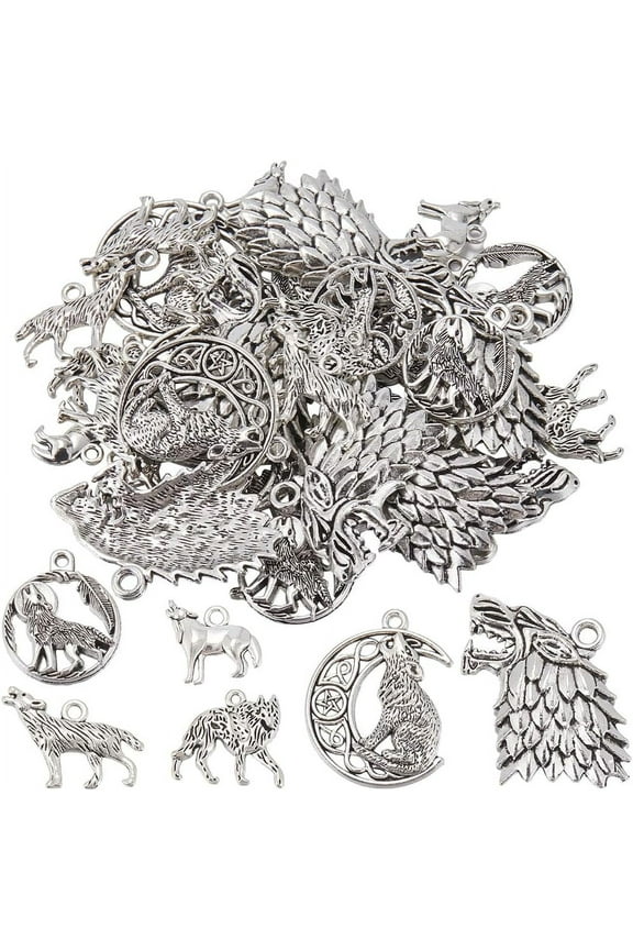 1 BOX 48Pcs 6 Stlyes Wolves Charms Wolf Charm Bulk Alloy Ancient Silver Moon Dragon Tibetan Style Feather Wild Animals Round Charms Mixed Color DIY