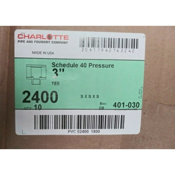 (1 BOX OF 10) NEW CHARLOTTE 2400 3" SXSXS PVC SCH 40 TEE 401-030