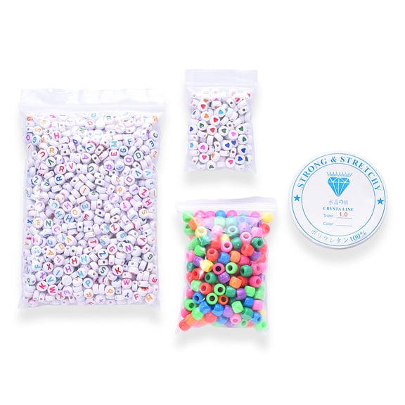 1 Bag 1 Bag 1200Pcs Opaque Acrylic Flat Round with Letter & Heart Beads with 1roll Clear Elastic Crystal Thread for DIY Children's Day Themed Bracelets Making Kits Mixed Color