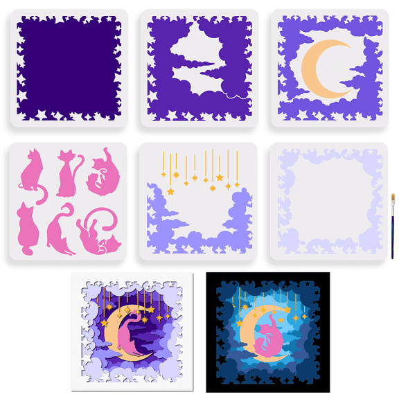 1 Bag 1 Set Cat Theme PET Hollow Out Drawing Painting Stencils Photo Album with 1Pc Art Paint Brushes Mixed Shapes 300x300mm 6pcs/set