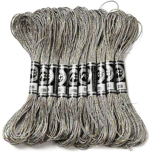 1 Bag 10 Skeins Grey Polyester Embroidery Floss Metallic Shimmer Crewel Stitch Threads Silver Glitter Floss